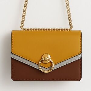 Women Vintage Colorblock Mini Shoulder Chain Crossbody Purse Yellow & Brown Bag